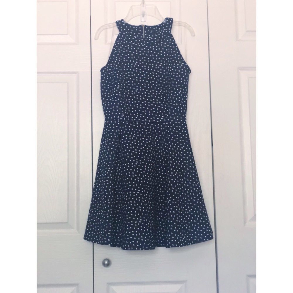 Copper Key Blue & White Polka Dot Dress with Halter Neckline and Flare Skirt